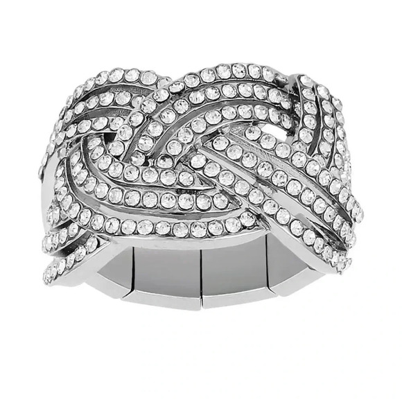 WOVEN KNOT SILVERPLATED RHINESTONE STRETCH RING SIZE 8 - Picture 1 of 7